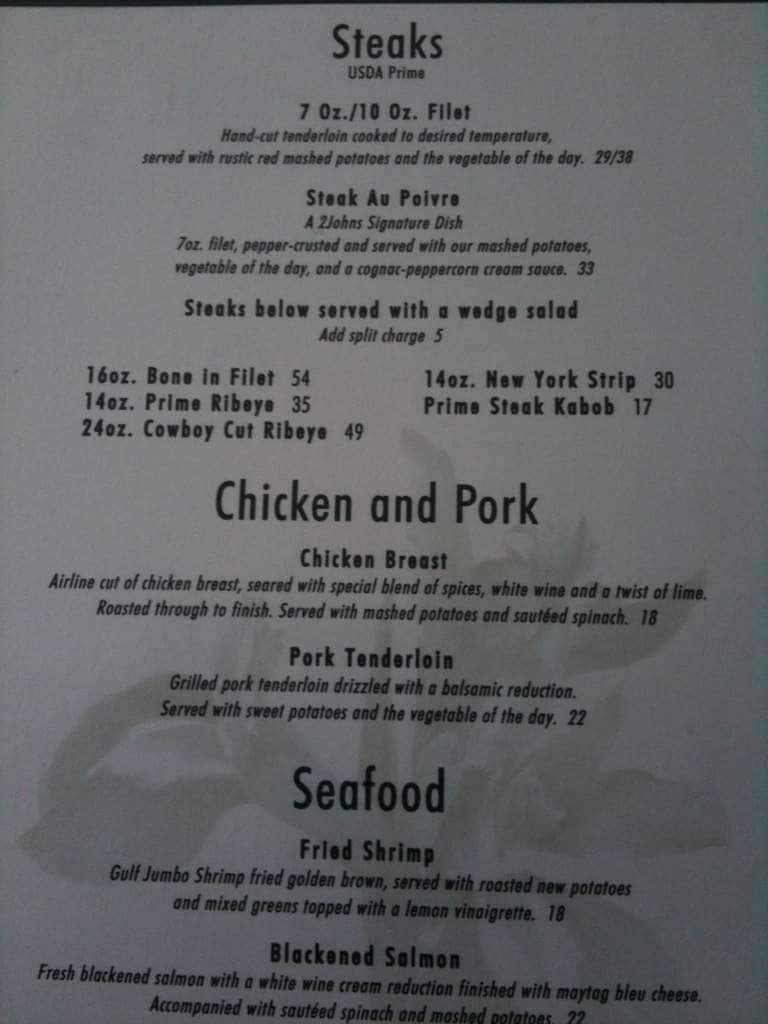 Menu at 2 Johns Steak & Seafood pub & bar, Bossier City