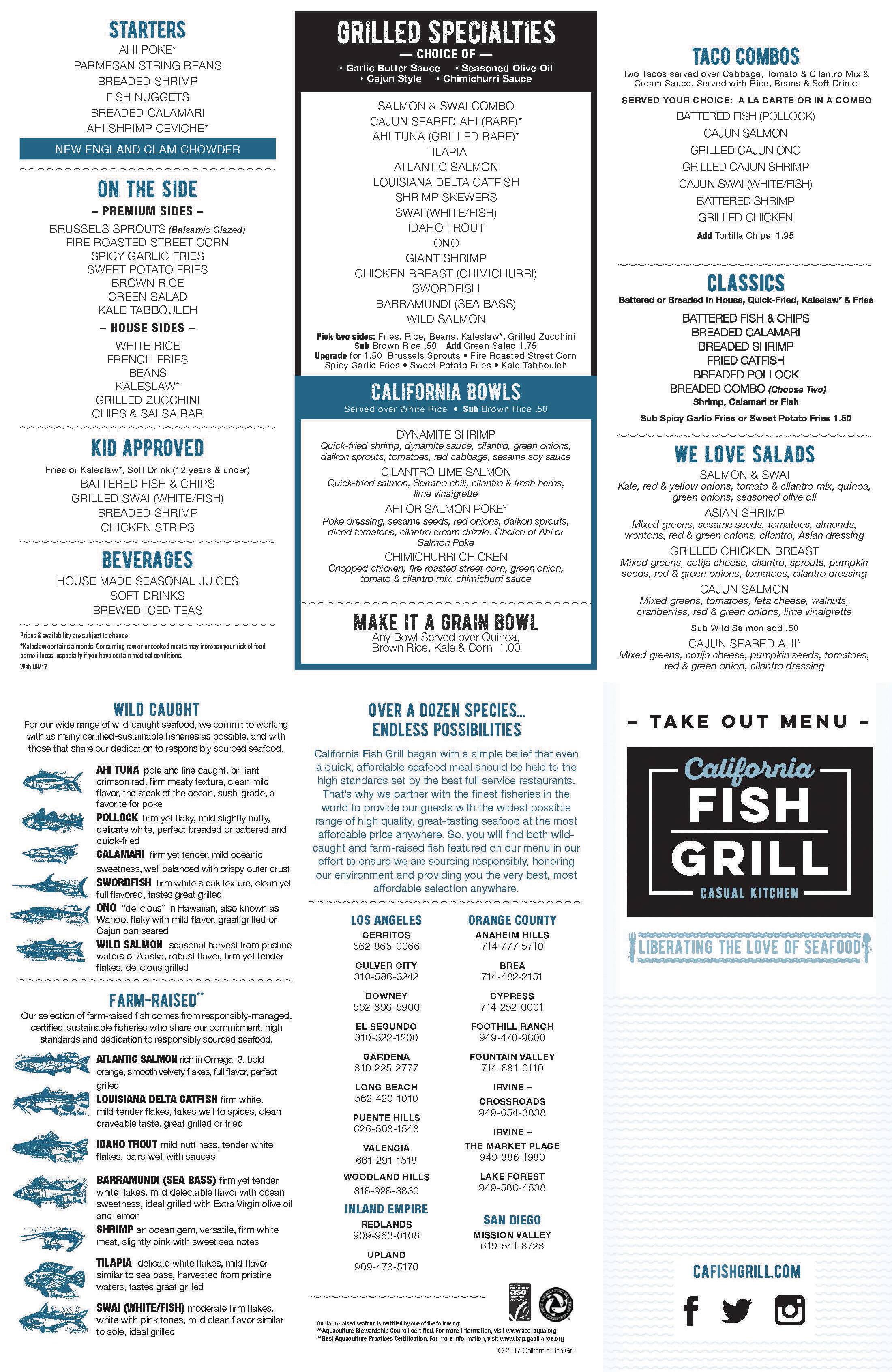 California Fish Grill Menu, Menu podniku California Fish Grill, Downey