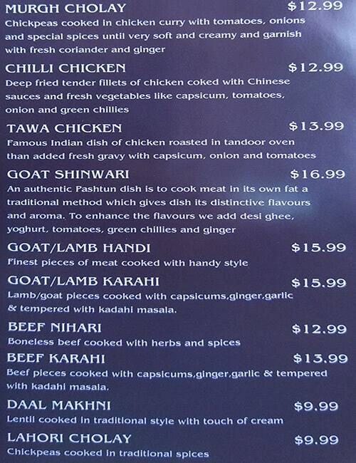 Royal Daawat menu