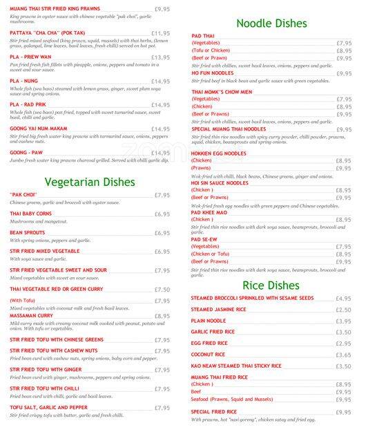 Menu at Muang Thai restaurant, London