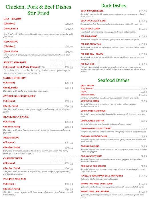 Menu at Muang Thai restaurant, London