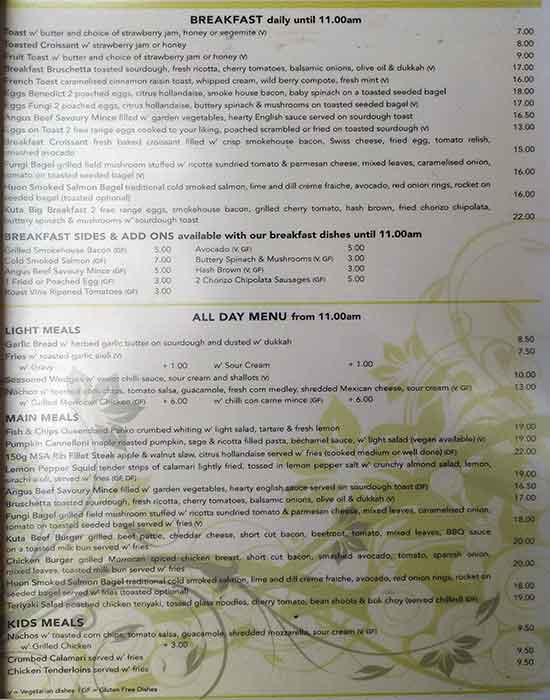 Menu at Kuta Cafe, Mount CootTha