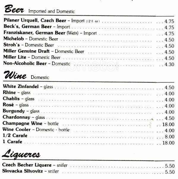 Menu at Bohemian Crystal restaurant, Westmont