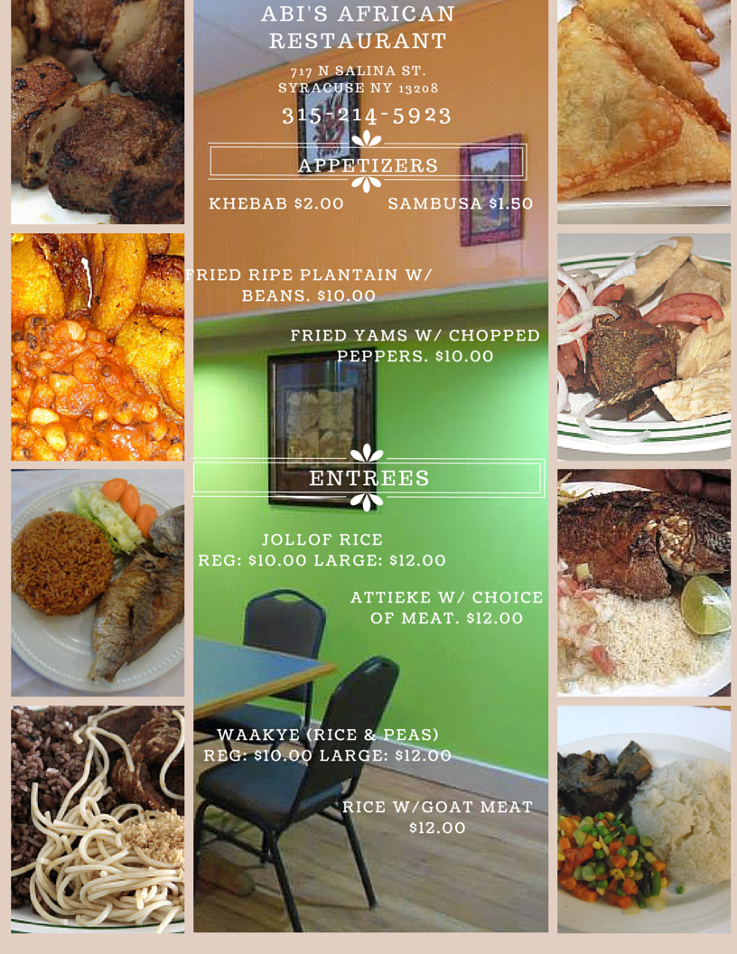 Abis African Restaurant Menu, Menu for Abis African Restaurant, Syracuse, Syracuse Urbanspoon