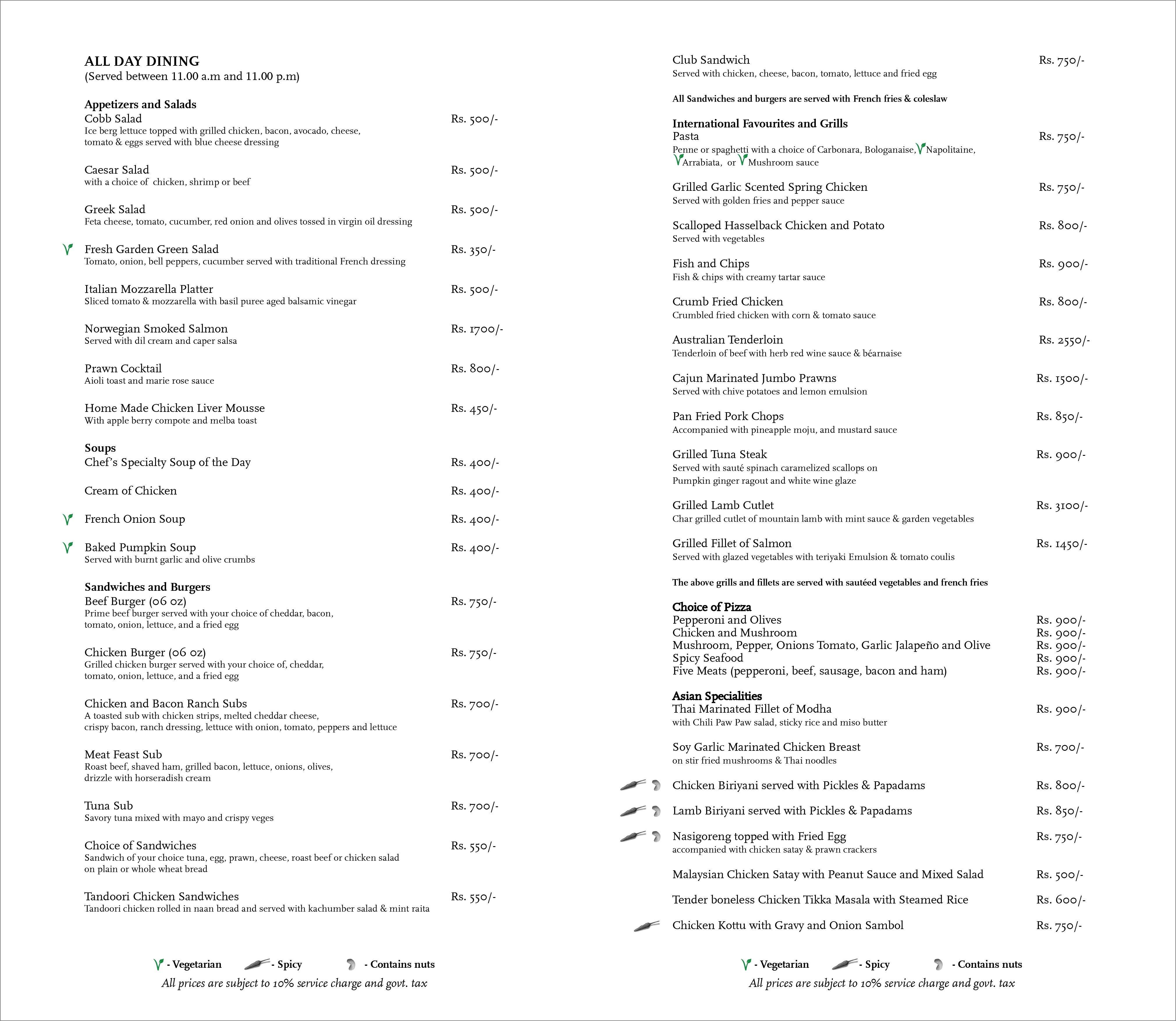 Taprobane menu