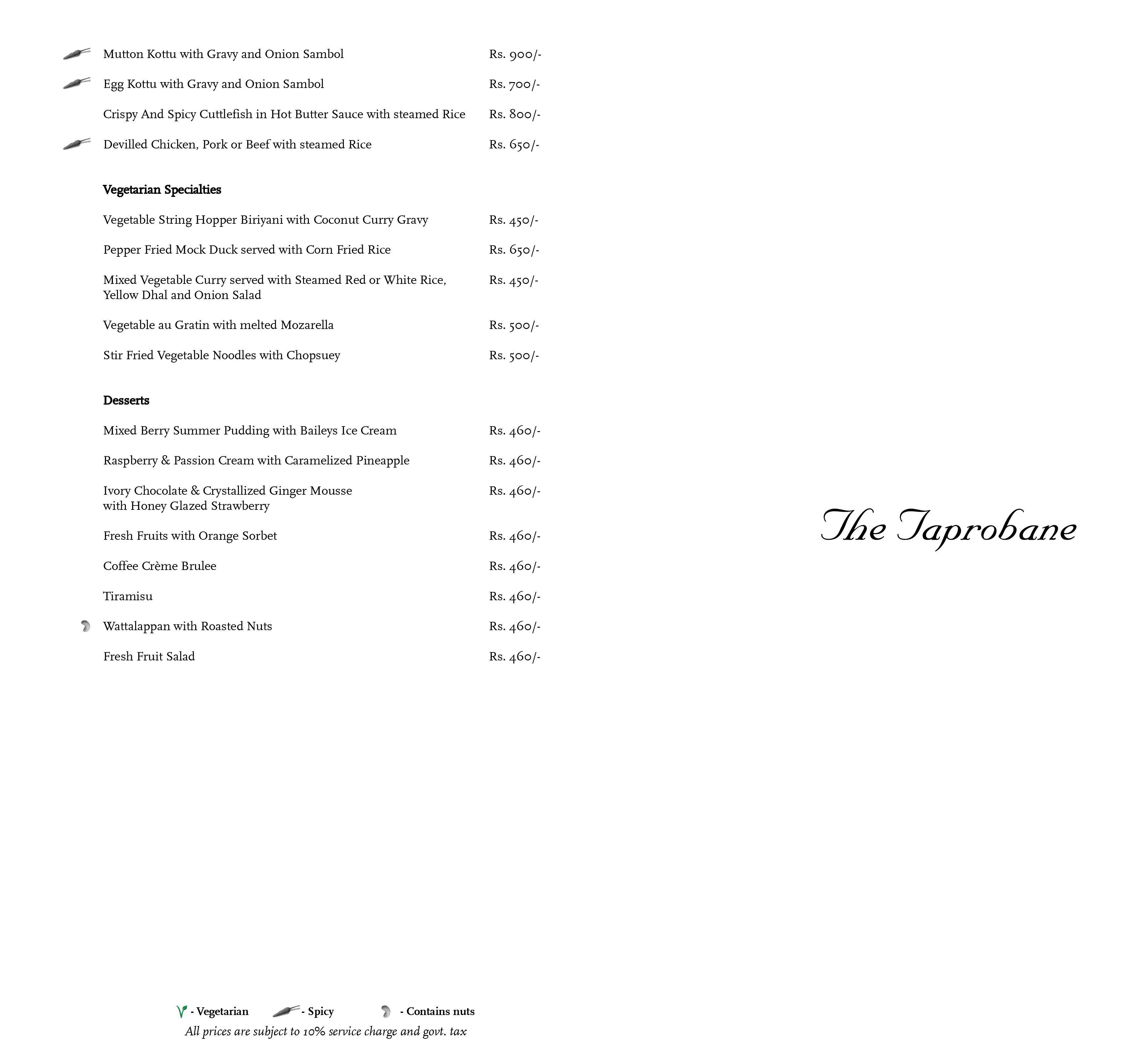 Taprobane menu