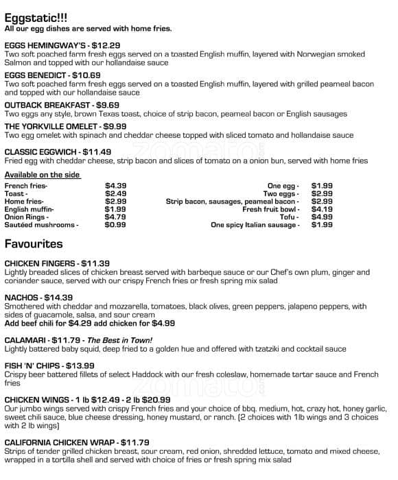 Menu at Hemingway's Restaurant and Bar, Toronto