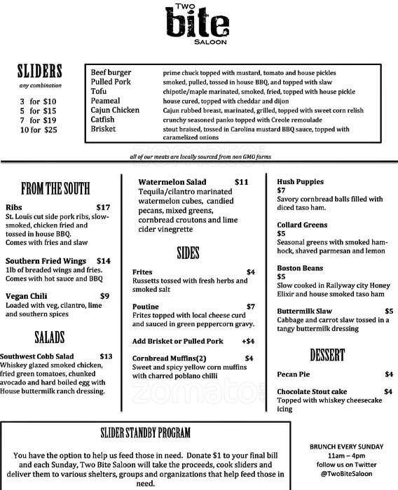 Two Bite Saloon Menu, Menu for Two Bite Saloon, Palmerston, Toronto Urbanspoon/Zomato