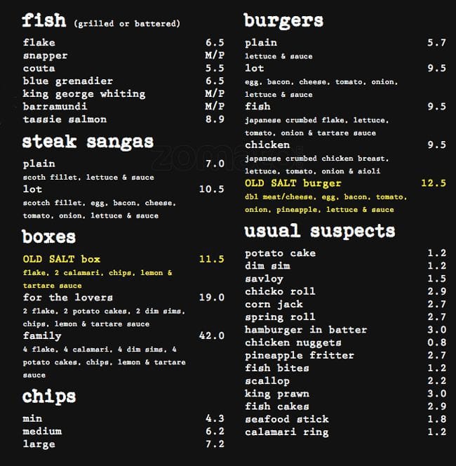 Old Salt Fish & Chips Menu Urbanspoon/Zomato