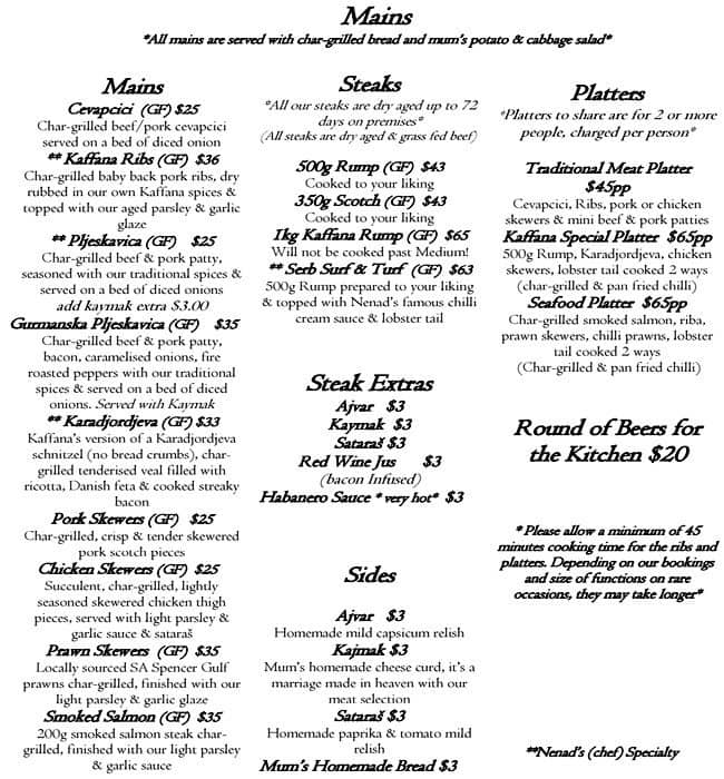 Menu at Kafana Kitchen and Bar, Adelaide, 23 Peel St