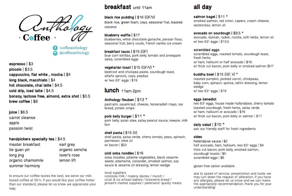 Coffee Anthology Menu,Menú para Coffee Anthology, Brisbane CBD