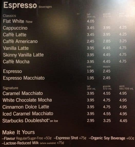 Menu at Starbucks cafe, Surrey, 10355 152 St Unit 1386