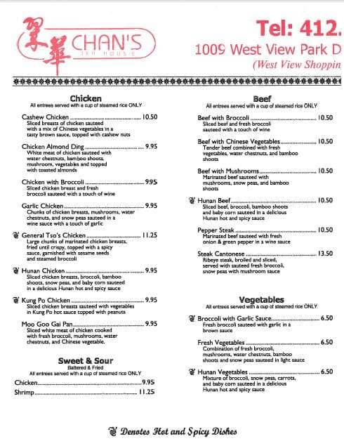 Chan S Tea House Menu Menu For Chan S Tea House West View Pittsburgh