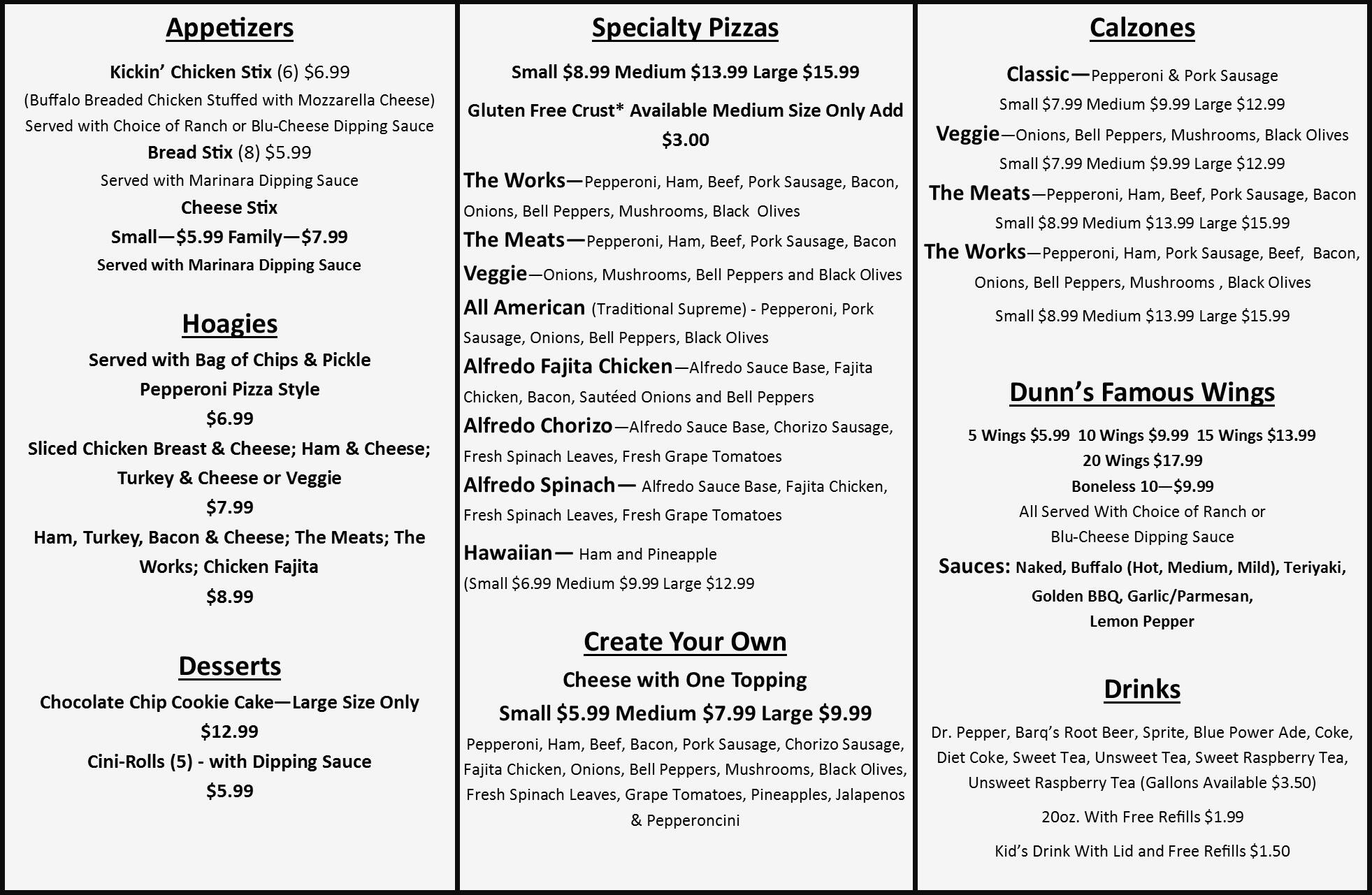 Dunn's Pizza & Wings Menu Urbanspoon/Zomato