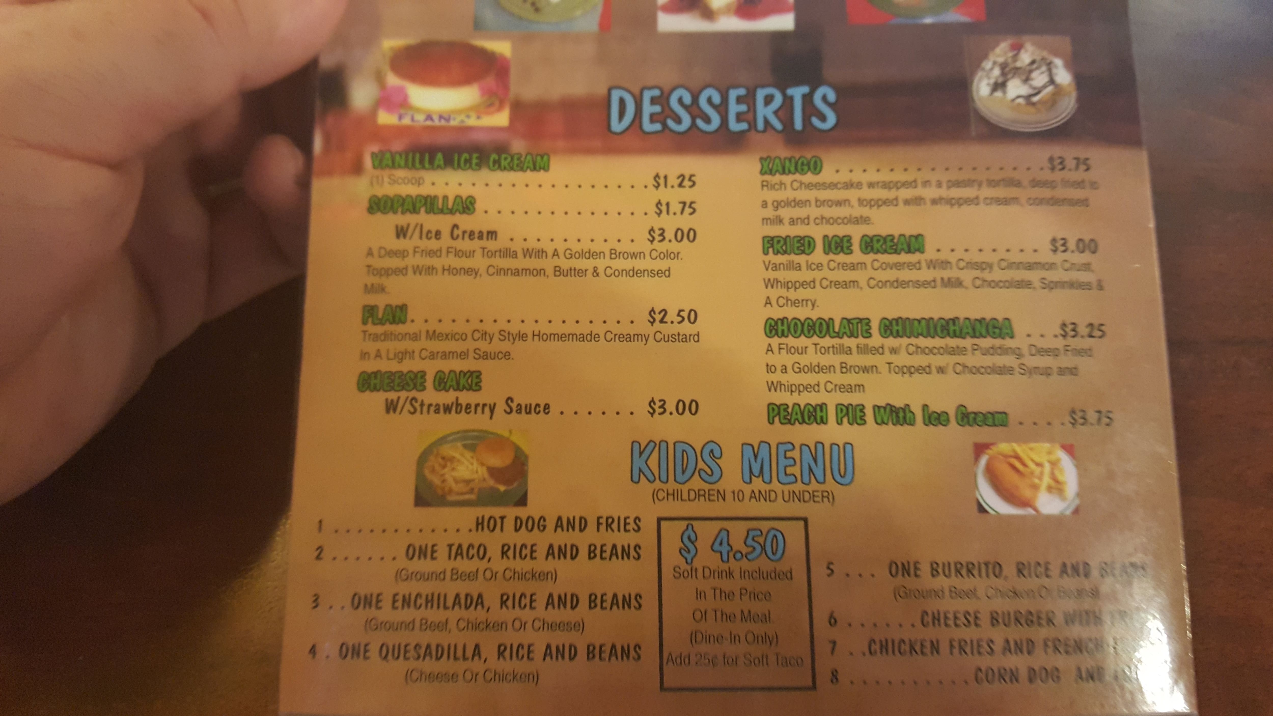 Menu at Los toritos mexican restaurant, Little Rock