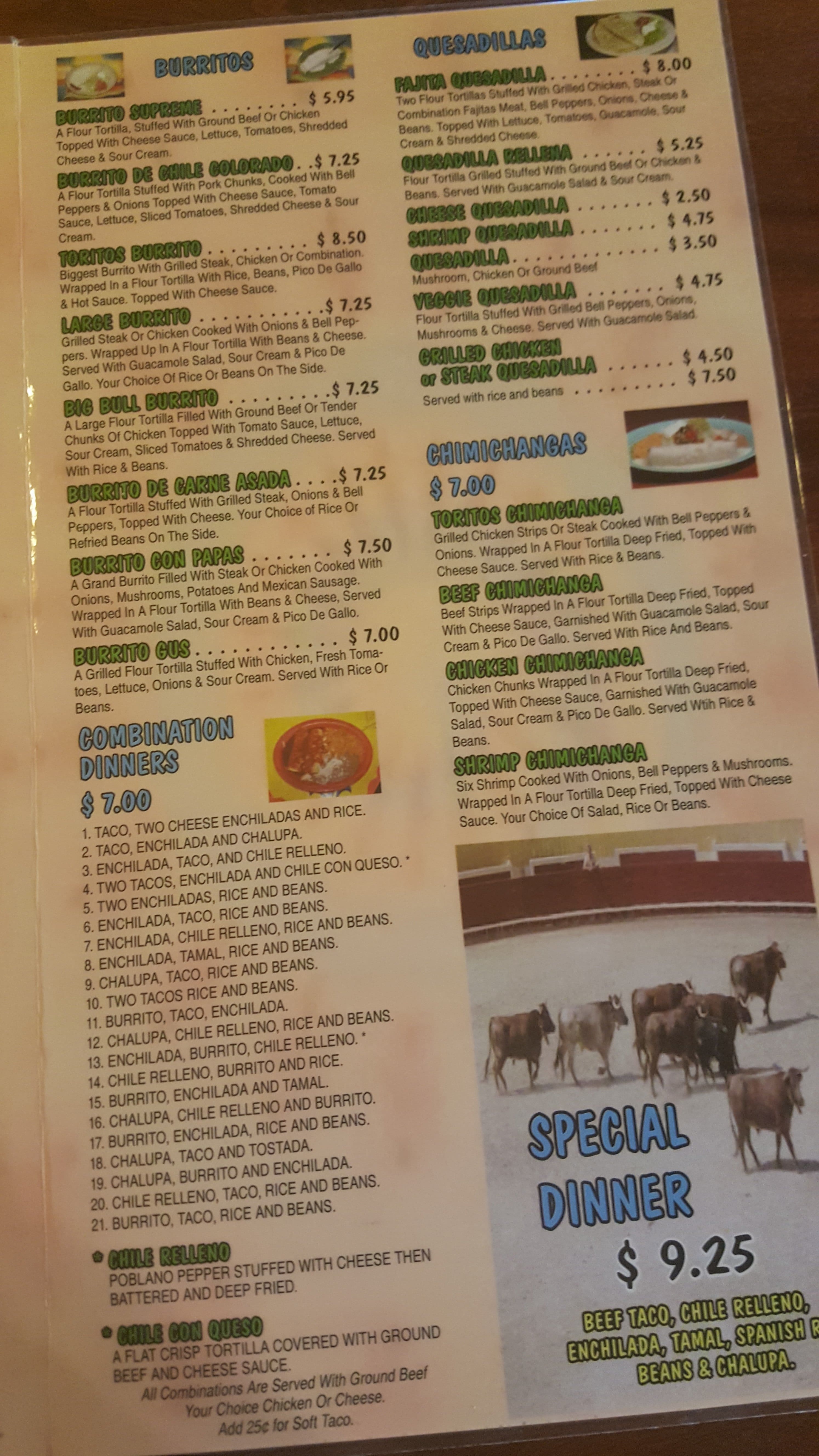 Menu at Los toritos mexican restaurant, Little Rock