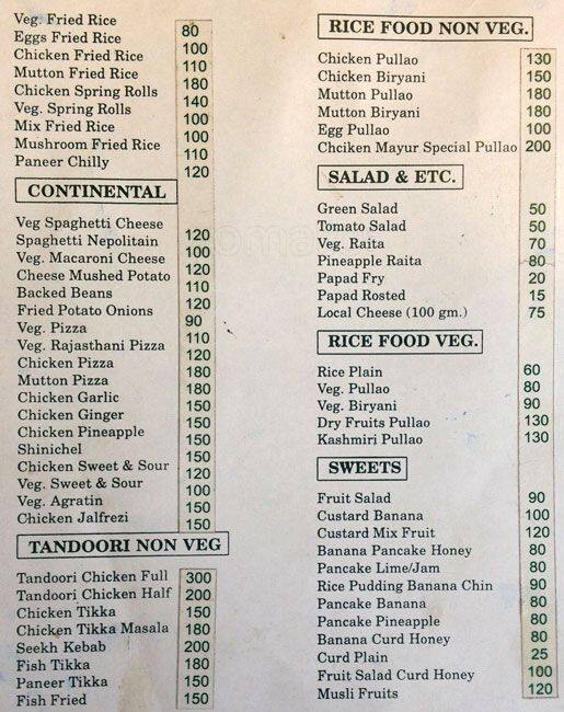 Mayur Rooftop Restaurant menu