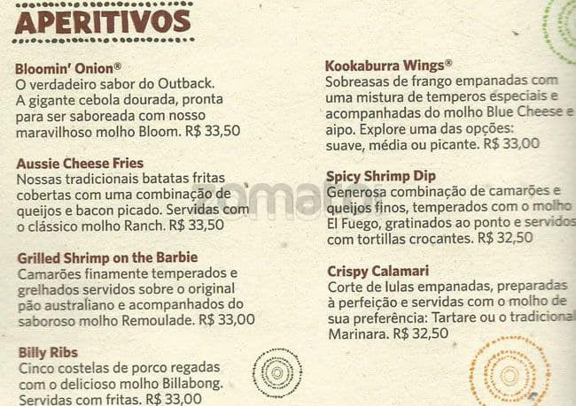 Menu At Outback Steakhouse Brasilia Sai So Area 6580