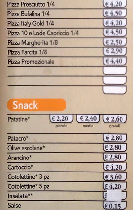 Menu di Spizzico 