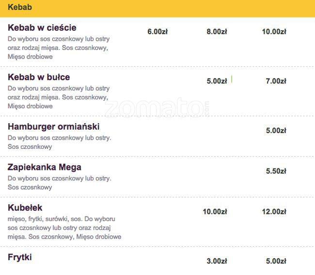 Menu at Ararat Kebab pizzeria, Katowice, Gliwicka 233