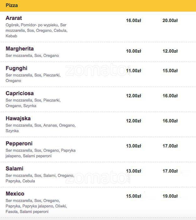 Menu at Ararat Kebab pizzeria, Katowice, Gliwicka 233