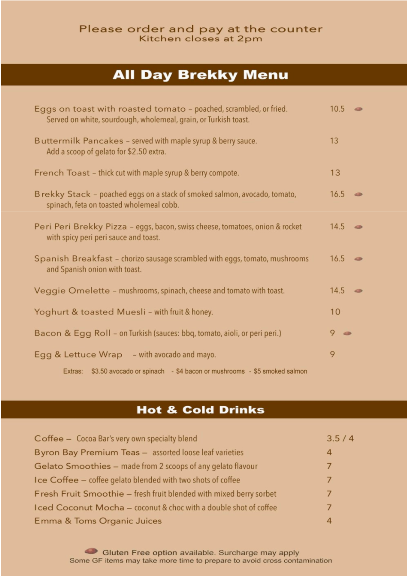 Cocoa Bar menu, Menu restauracji Cocoa Bar, Newport, Sydney