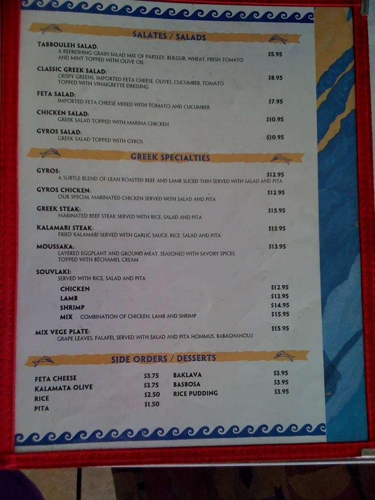 Menu at Greek Marina restaurant, Honolulu