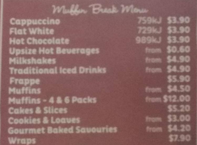 Muffin Break Menu, Menu for Muffin Break, Ipswich, Brisbane