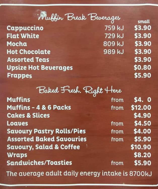 Muffin Break Menu, Menu for Muffin Break, Riverview, Brisbane