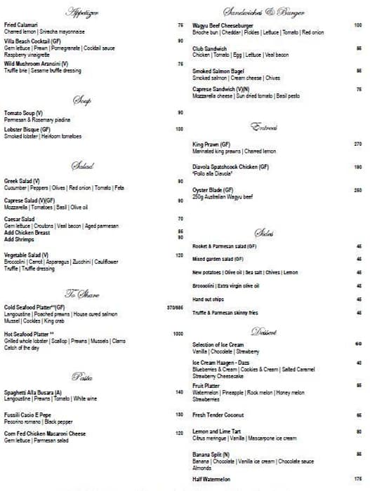 Villa Beach Jumeirah Beach Hotel Menu Zomato