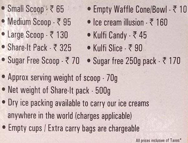 Apsara Ice Creams menu