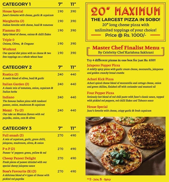 Juno's Pizza Menu, Menu for Juno's Pizza, Kemps Corner, Mumbai - Zomato