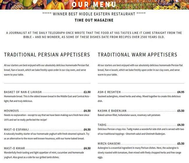 Yas menu