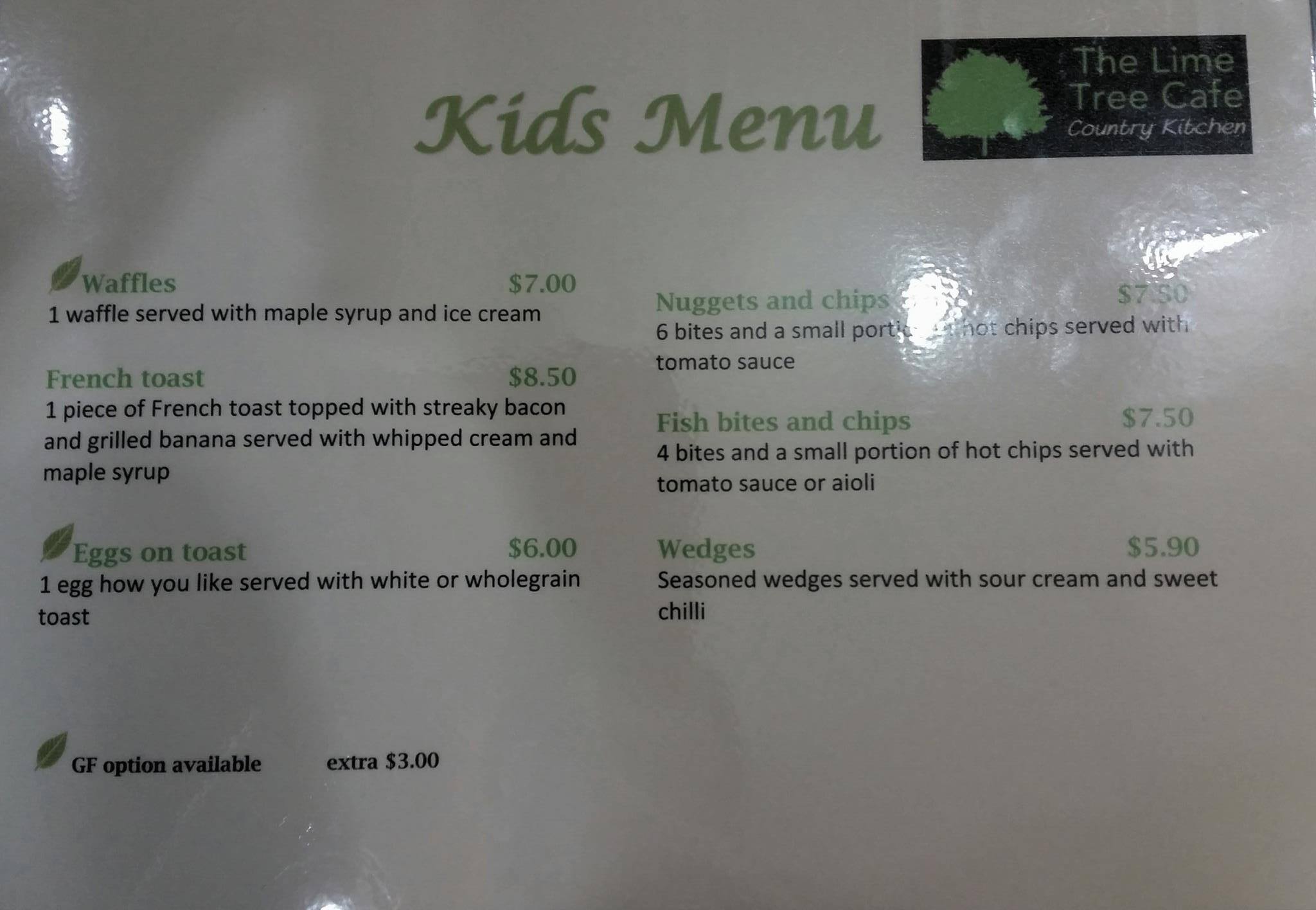 Menu at Lime Tree Cafe, Auckland, 730 Whitford Rd