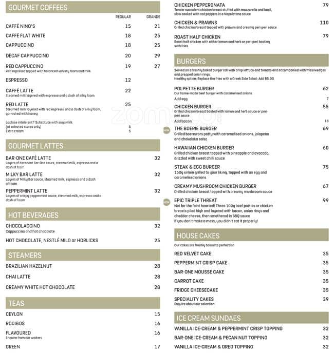 Nenos Menu Menu at Nino's restaurant, Durban, Shop G104 Gateway Theater of Shopping