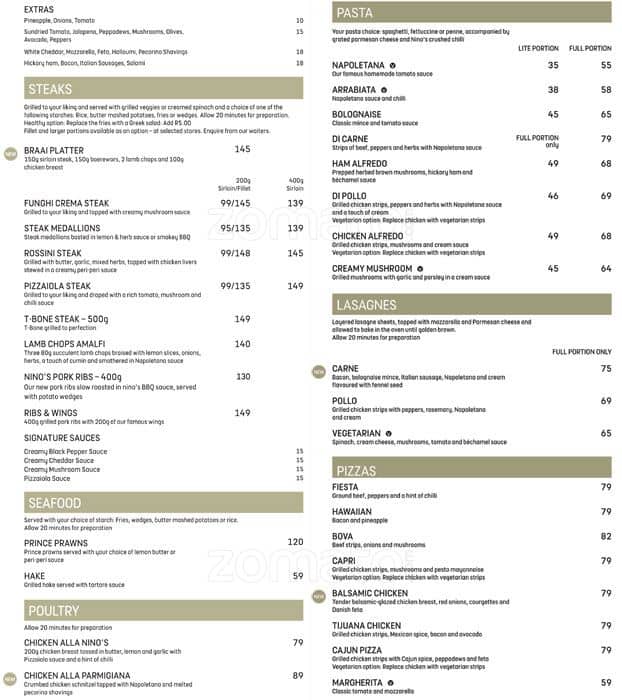 Nenos Menu Menu at Nino's restaurant, Durban, Shop G104 Gateway Theater of Shopping