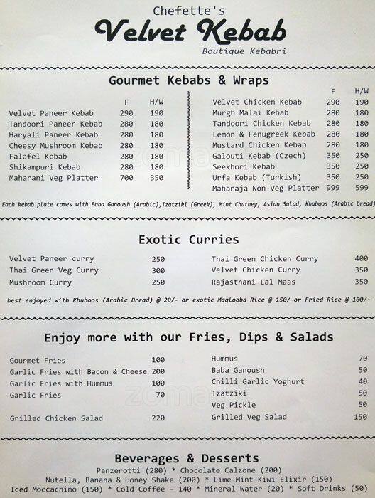 Velvet Kebab menu