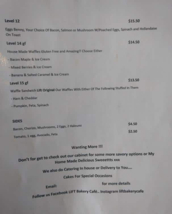 Menu at LIFT Cafe, Brisbane City