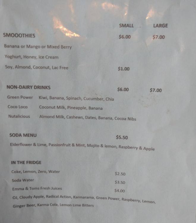 Menu at LIFT Cafe, Brisbane City