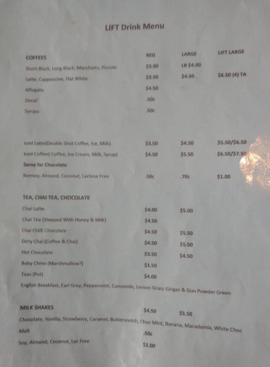 Menu at LIFT Cafe, Brisbane City