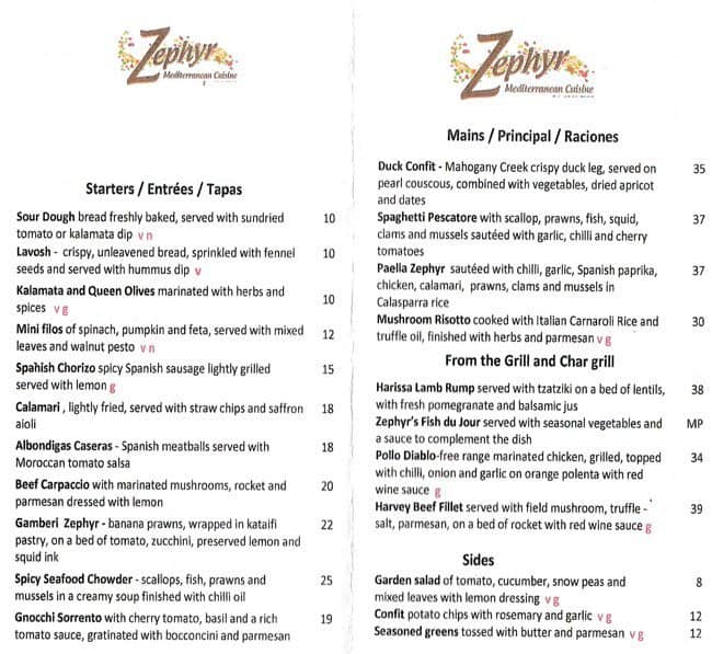 yacht zephyr menu