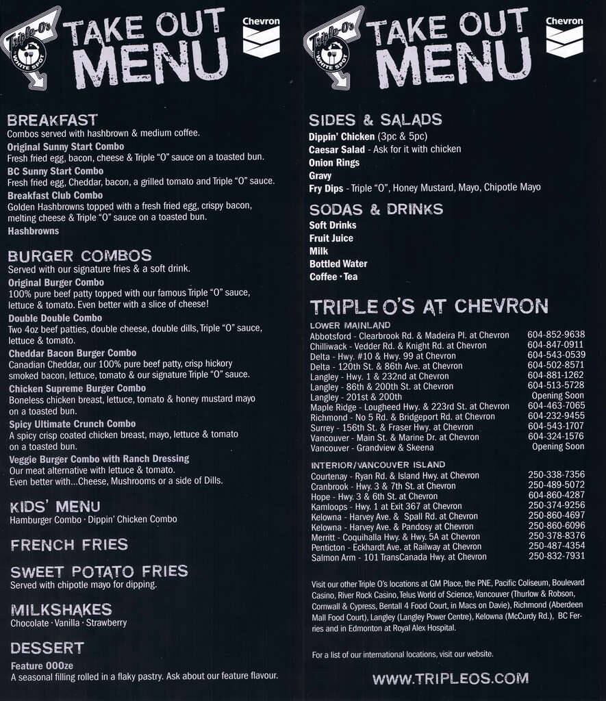 Menu at Triple O's Kelowna McCurdy fast food, Kelowna, 948 McCurdy Rd 146