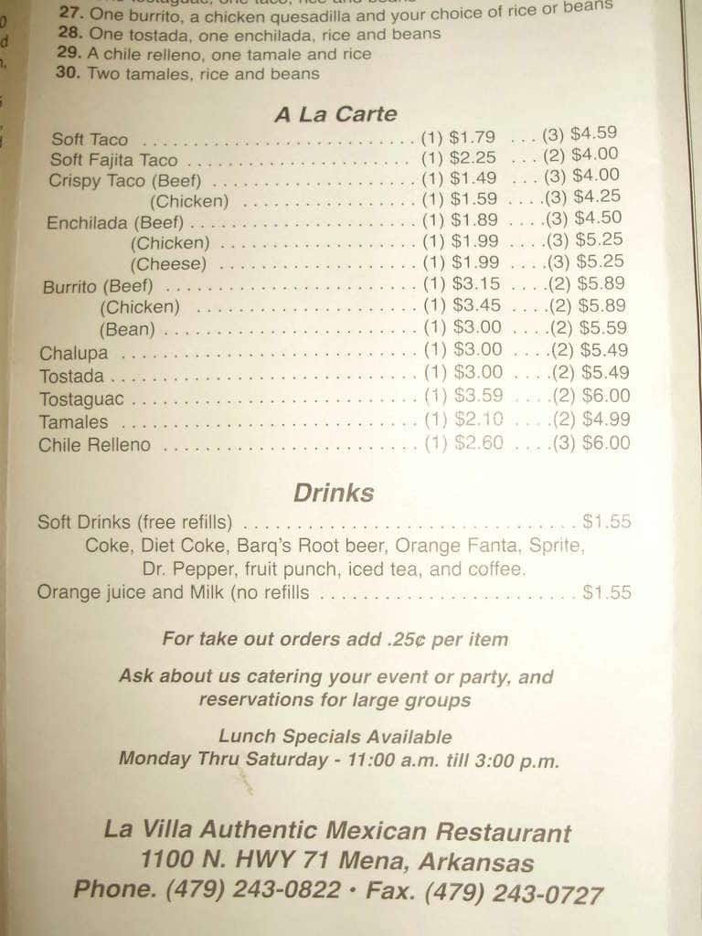 Menu at La Villa restaurant, Mena