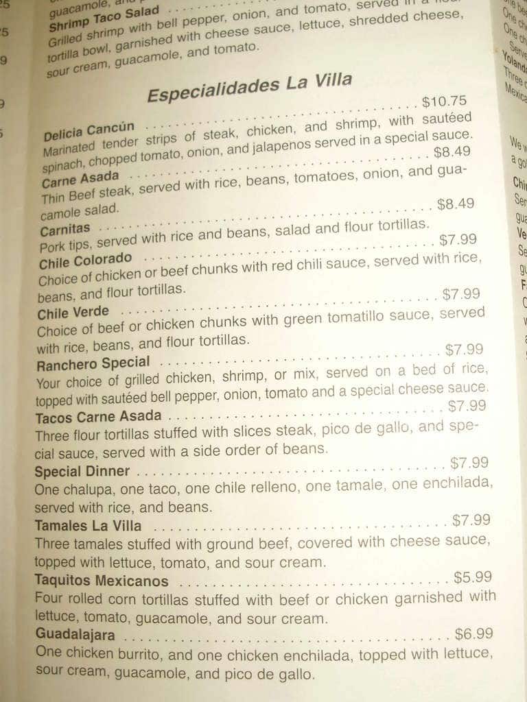 Menu at La Villa restaurant, Mena