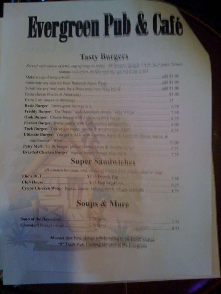 Menu at Evergreen Tavern pub & bar, Rainier