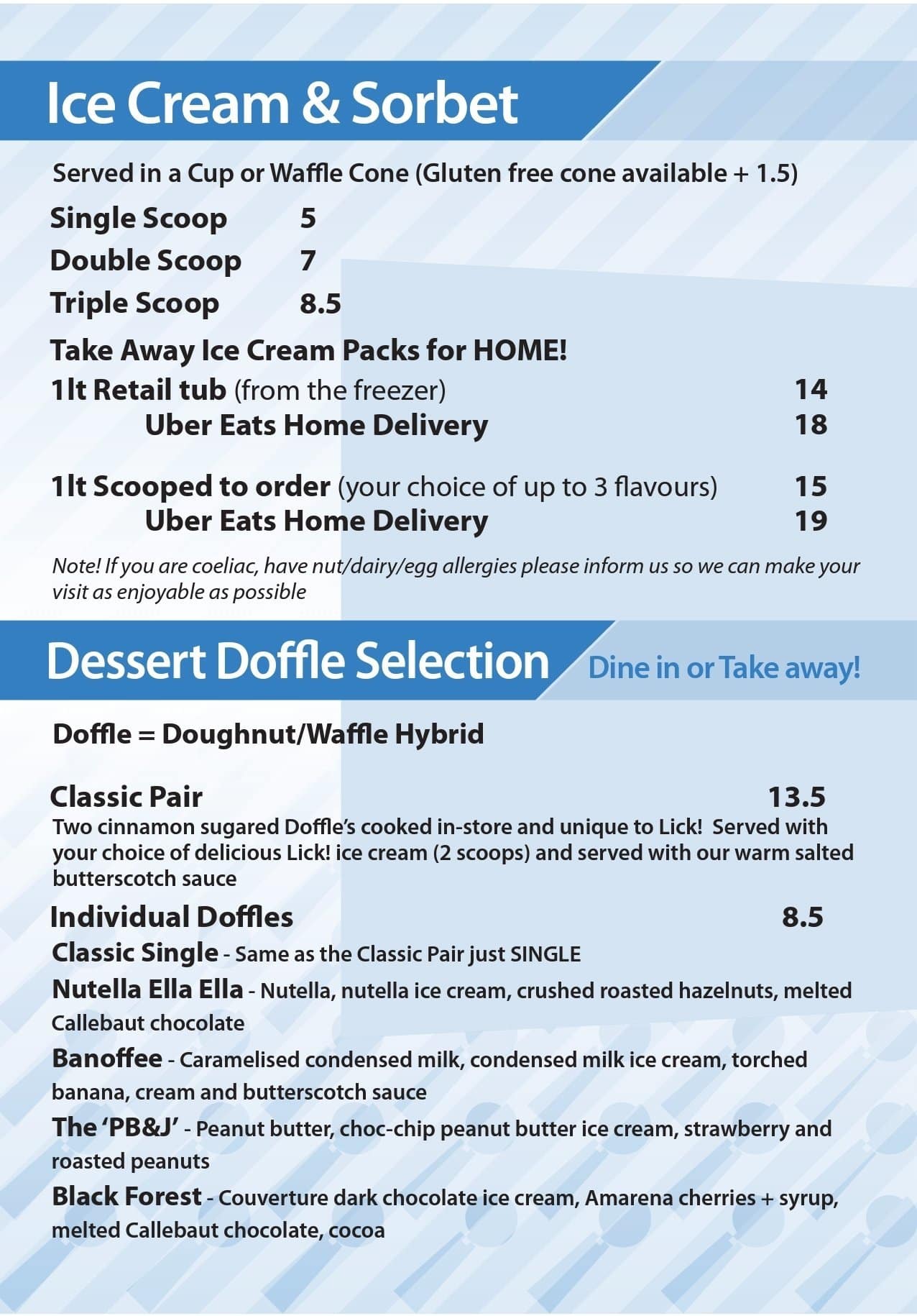 Menu at Lick Ice Cream restaurant, Chelmer