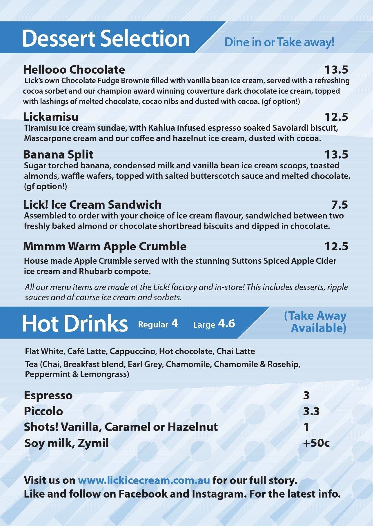 Menu at Lick Ice Cream restaurant, Chelmer