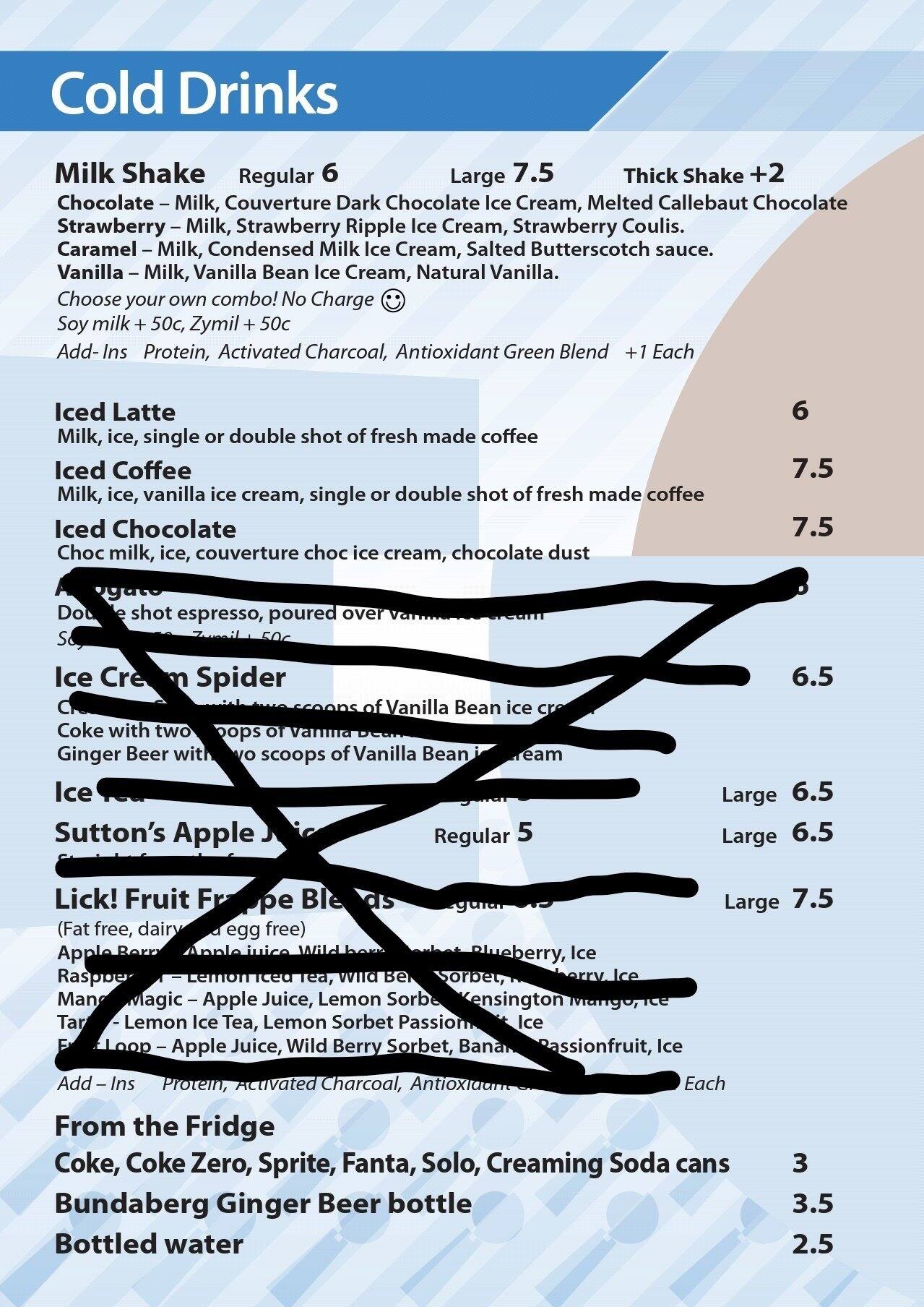 Menu at Lick Ice Cream restaurant, Chelmer