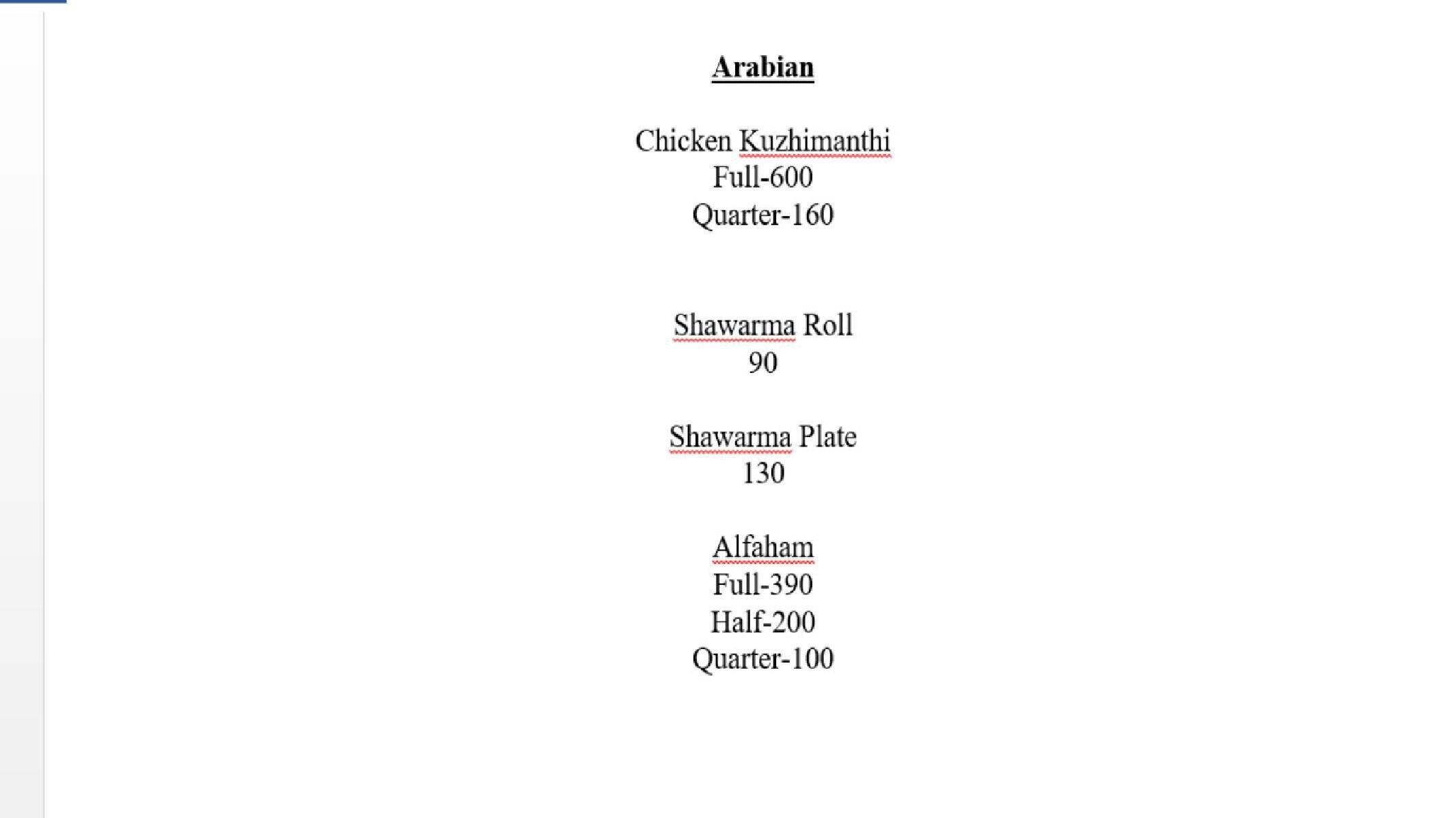 Menu at Royal Bakers, Kochi, 5/339