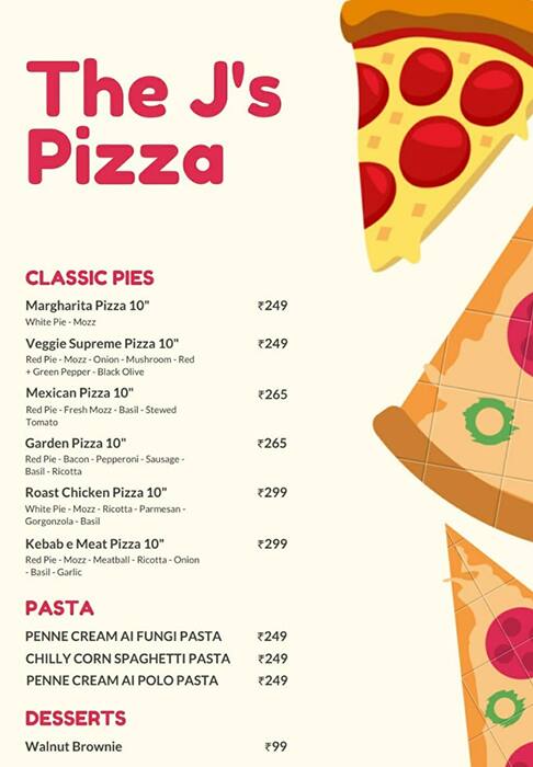 Menu Of The J's Pizza, Koramangala 2nd Block, Bangalore